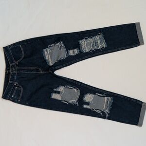 Nasty Gal Dark Blue Distressed High-rise Mom Jeans w/ Rolled Hem Size 8